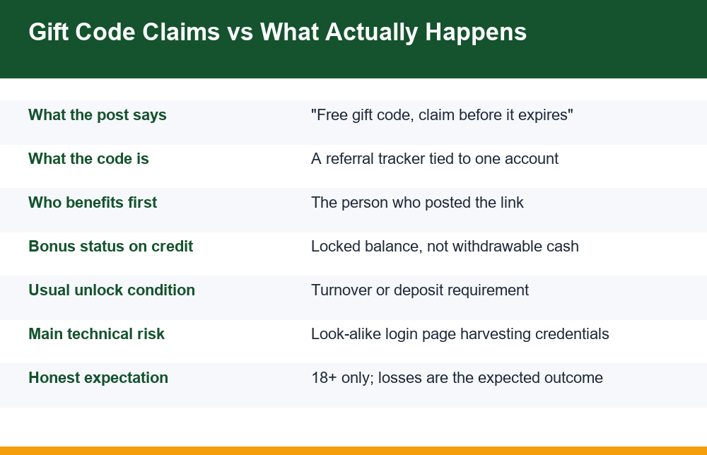 Infographic comparing advertised claims about colour prediction gift codes with the actual mechanics behind them
