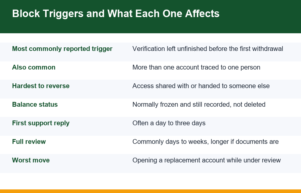 Infographic summarising why a cricket id blocked notice appears and what each trigger affects