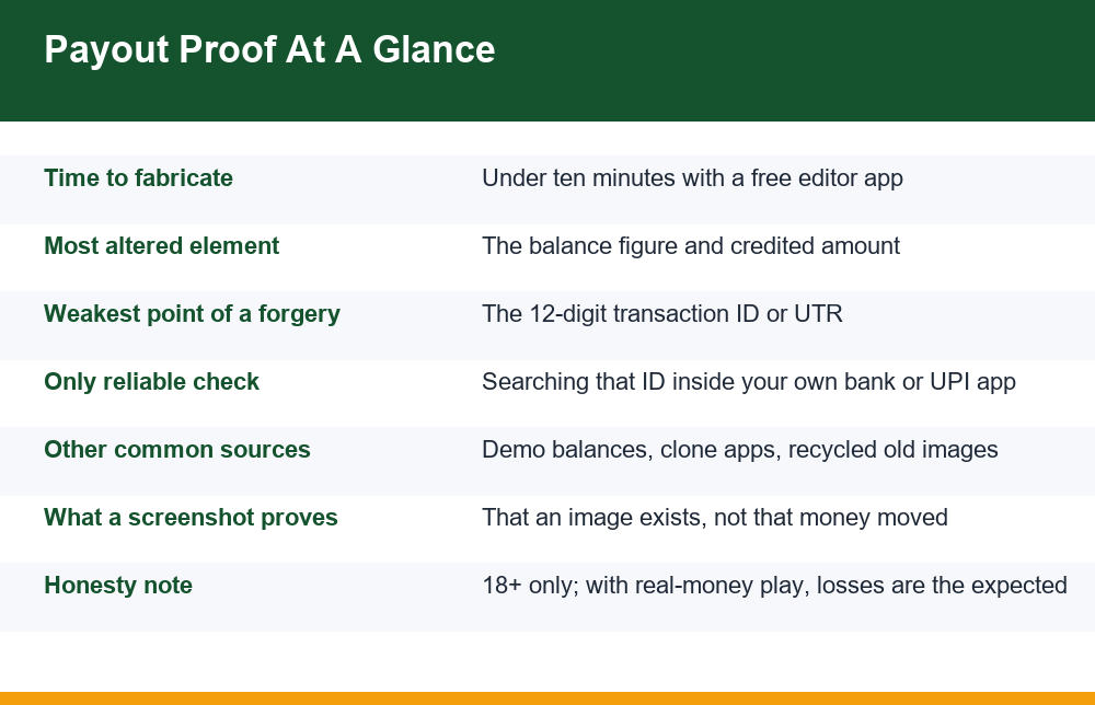 Checklist infographic showing how to spot a fake payment screenshot used as payout proof